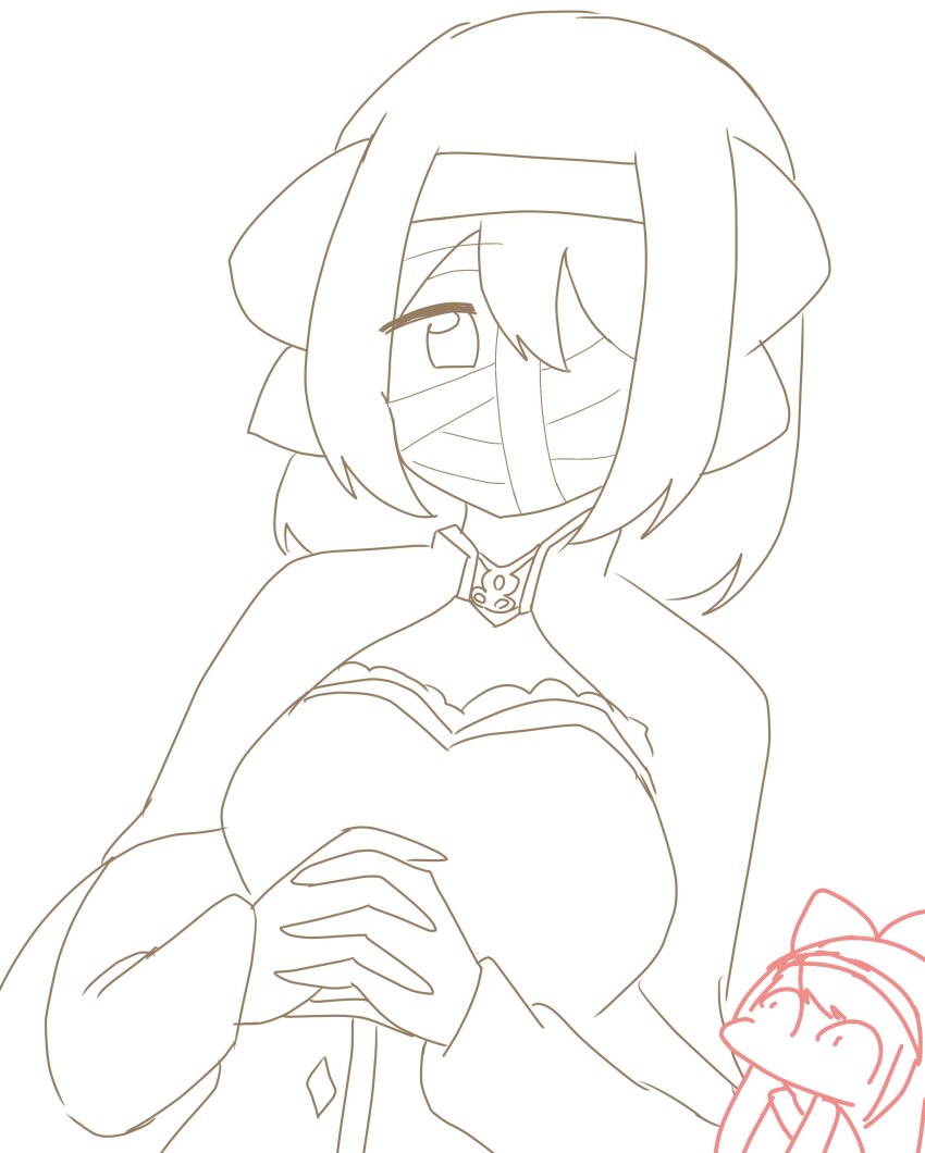 2girls absurdres ainu_clothes alternate_costume breast_envy breasts constricted_pupils covered_face hair_ribbon highres long_hair looking_at_viewer medium_breasts monochrome multiple_girls nakoruru own_hands_together ribbon rimururu samurai_spirits siblings sisters sketch snk wide-eyed