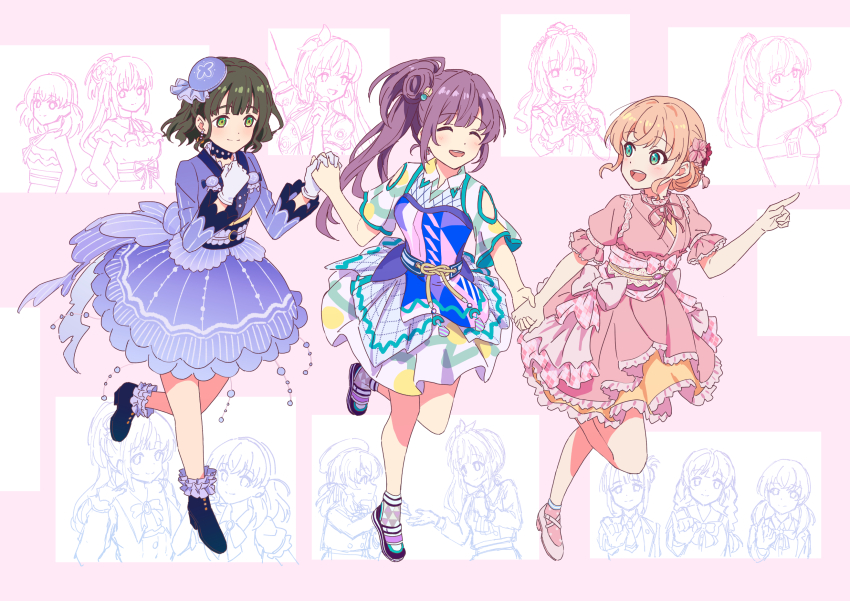 3girls beret black_hair bloom_the_smile_bloom_the_dream! blue_boots blue_hat blue_kimono blue_sash blue_skirt blunt_bangs boots cerise_bouquet commentary_request cube_hair_ornament deepness_(love_live!) flower fortune_movie_(love_live!) full_body genyo_yako gloves green_eyes hair_bun hair_flower hair_intakes hair_ornament hanamusubi_(love_live!) hat highres hinoshita_kaho holding_hands interlocked_fingers japanese_clothes kimono kimono_skirt link!_like!_love_live! long_hair long_sleeves love_live! mini_hat momose_ginko multiple_girls natsumeki_pain nogreen official_alternate_costume orange_hair otomune_kozue pink_background pink_flower pink_kimono pink_sash pink_shoes pink_socks puffy_short_sleeves puffy_sleeves purple_shoes sash shoes short_hair short_sleeves side_ponytail sidelocks single_hair_bun single_side_bun skirt socks sugao_no_pixel suisai_sekai tsukuyomi_kurage virtual_youtuber white_gloves yume_wazurai