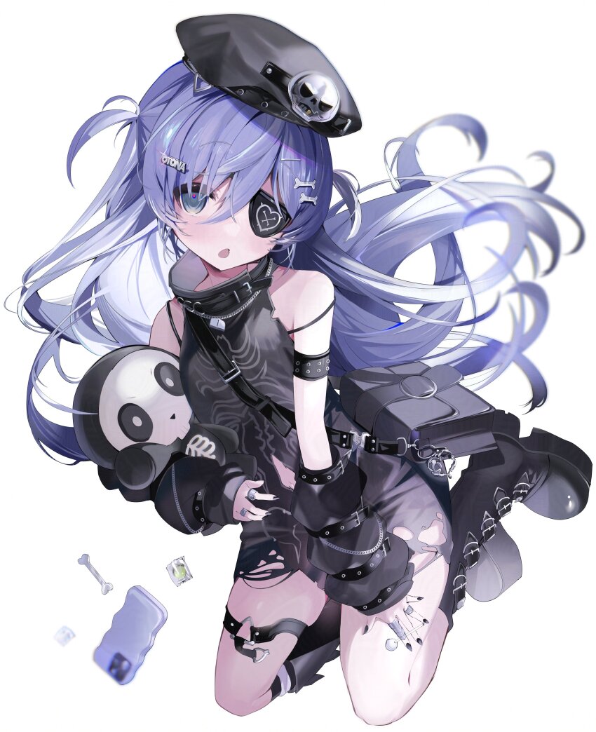 1girl absurdres arm_warmers armlet bag beret black_bag black_boots black_hat black_nails black_shirt blue_hair bone_hair_ornament boots collared_shirt eyepatch grey_eyes hair_ornament hat highres jewelry knee_boots long_hair looking_at_viewer multiple_rings nail_polish onodera_nire open_mouth ring shirt shoulder_bag simple_background sleeveless sleeveless_shirt solo thigh_strap torn_clothes torn_shirt two_side_up virtual_youtuber vspo! white_background yano_kuromu