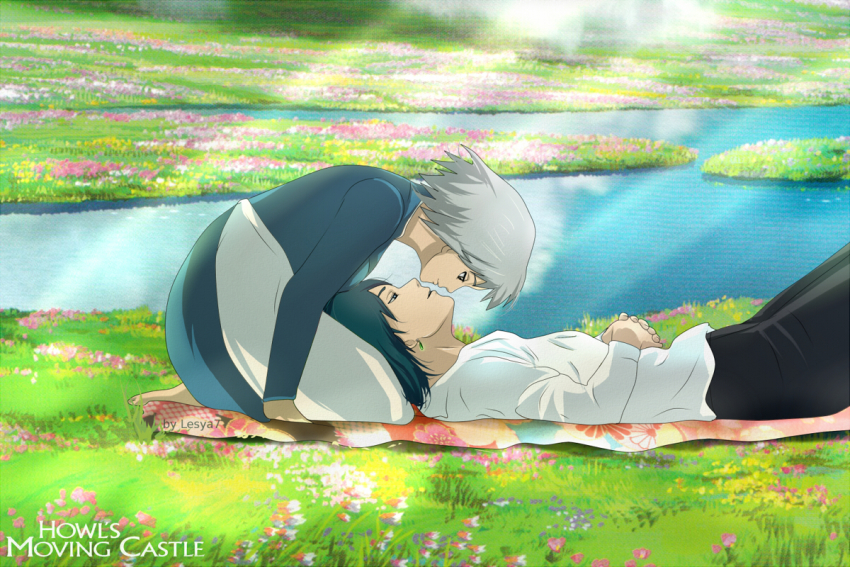 1boy 1girl blouse castle closed_mouth dress earrings from_side high-waist_pants howl howl_no_ugoku_shiro jewelry lying on_back open_mouth own_hands_together pants shirt short_hair sophie water white_shirt