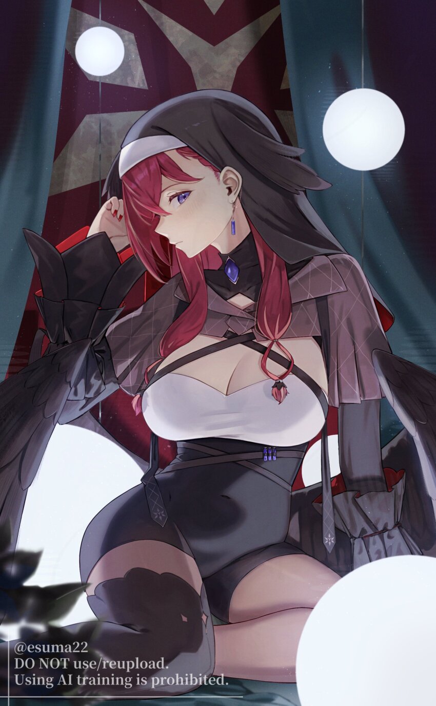 1girl absurdres black_coif black_dress black_romper black_wings blush braid braided_bangs breasts capelet cleavage coif criss-cross_straps dress ear_chain earrings esuma_gt facing_to_the_side framed_breasts gem grey_capelet hair_between_eyes head_wings high-waist_shorts highres indoors jewelry konkon_aria large_breasts linked_piercing long_hair looking_at_viewer low-tied_sidelocks neo-porte nun pantyhose piercing purple_eyes purple_gemstone red_hair romper shorts sidelocks sitting solo virtual_youtuber wings yokozuwari