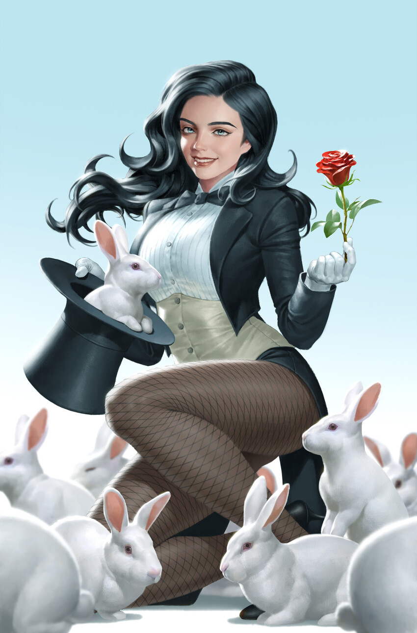 1girl black_bow black_bowtie black_footwear black_hair black_hat black_jacket black_skirt blue_background blue_eyes bow bowtie dc_comics fishnet_pantyhose fishnets flower gloves gradient_background hat high_heels highres holding holding_flower jacket long_hair looking_at_viewer on_one_knee open_clothes open_jacket pantyhose rabbit red_flower red_rose rose shirt skirt solo top_hat white_gloves white_rabbit_(animal) white_shirt yoon_junggeun zatanna_zatara