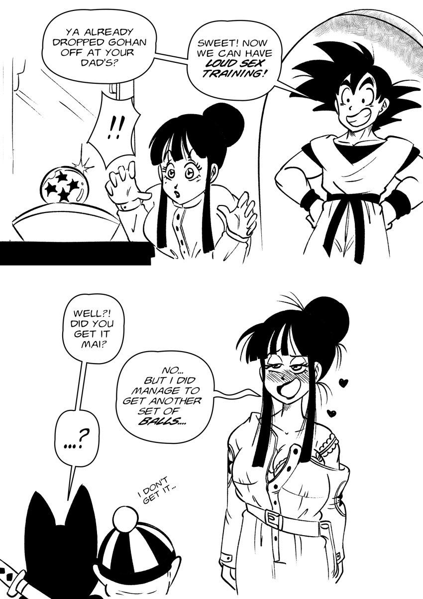 1girl 3boys absurdres alternate_hairstyle blush bra breasts comic commentary dougi dragon_ball dragon_ball_(classic) dragon_ball_(object) dragonball_z english_commentary english_text funsexydb greyscale grin hair_bun half-closed_eyes hands_on_own_hips heart highres implied_after_sex mai_(dragon_ball) medium_breasts monochrome multiple_boys open_mouth pilaf sheath shuu_(dragon_ball) sidelocks single_hair_bun smile son_goku strap_slip sword underwear weapon wristband