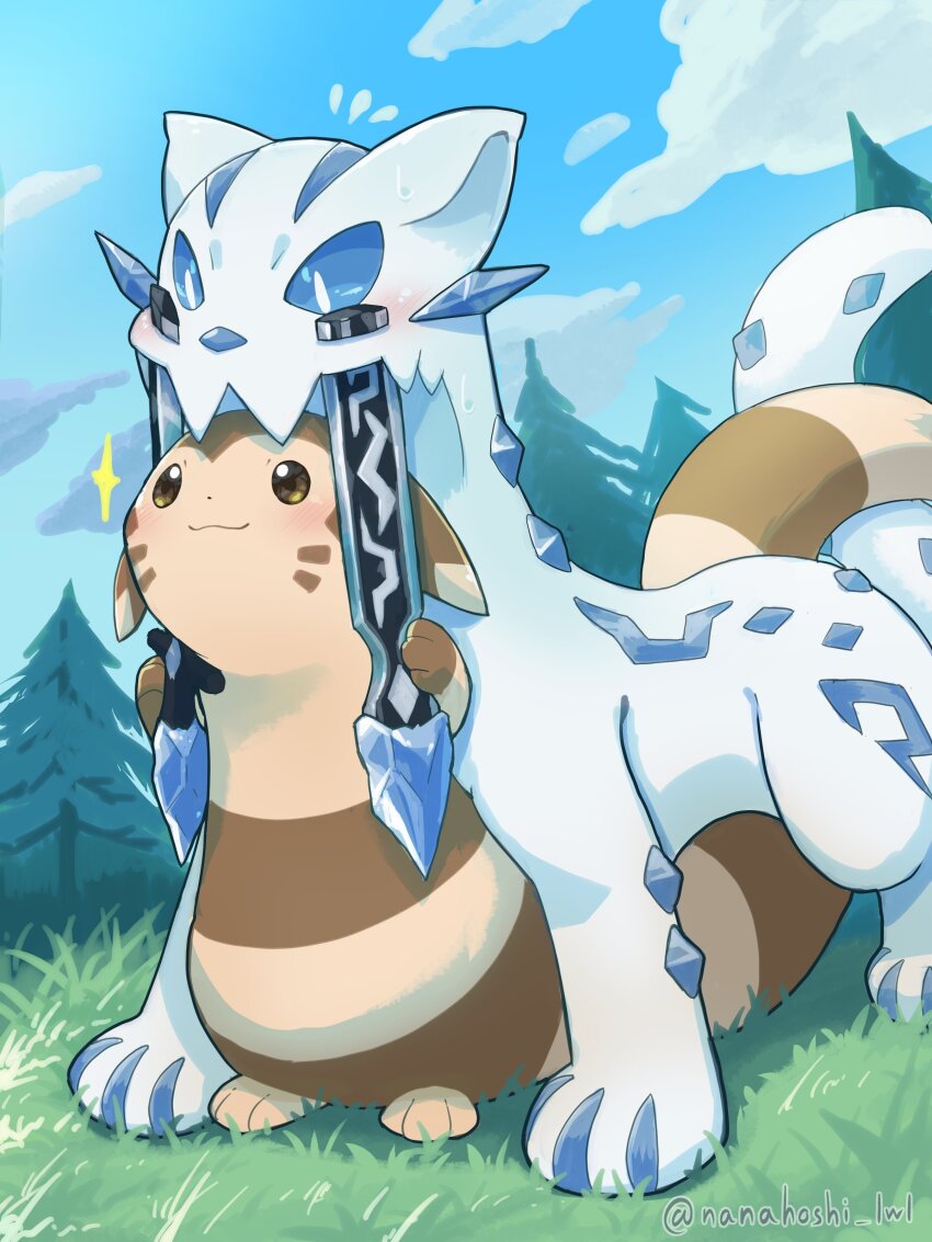 absurdres animal_focus blue_eyes blue_sky blush bright_pupils brown_eyes brown_fur chien-pao closed_mouth cloud commentary_request fangs furret gen_2_pokemon highres ice nanahoshi_(wadorigi) nintendo no_humans on_grass outdoors pokemon pokemon_(creature) skin_fangs sky smile snow_leopard tail whiskers white_pupils