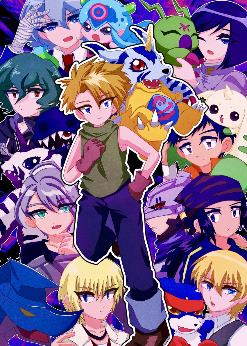 absurdres aonuma_kiriha bandaged_arm bandages blue_eyes digimon digimon_(creature) digimon_ghost_game fangs gabumon gaomon hackmon_(appmon) higashimitarai_kiyoshiro highres ichijouji_ken ishida_yamato jellyfish_girl jellymon katsura_rei lee_jianliang mailbirdramon minamoto_kouji mogami_ryouma monster_girl psychemon short_hair tentacle_hair tentacles terriermon thoma_h._norstein white_hair wolfmon wormmon