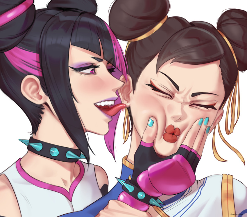 2girls absurdres bracelet bullying capcom chun-li closed_eyes collar double_bun eweedraws eyeshadow female_focus gloves hair_bun hair_ribbon han_juri highres jewelry licking licking_another&#039;s_face lipstick makeup multicolored_hair multiple_girls pink_eyes puckered_lips ribbon saliva spiked_bracelet spiked_collar spikes squeezing_cheeks street_fighter street_fighter_6 teeth tongue tongue_out yuri