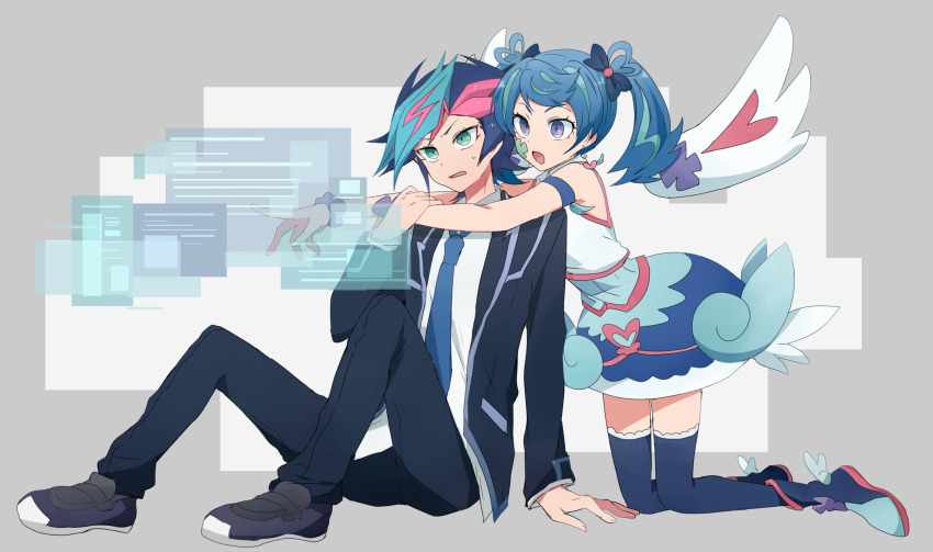 1boy 1girl alternate_form angel_wings armband arms_around_neck black_footwear black_jacket black_pants blue_angel_(yu-gi-oh!) blue_armband blue_dress blue_eyes blue_footwear blue_hair blue_hairband blue_necktie blue_thighhighs brown_background colored_bangs confused corset dress dress_shirt colored_bangs earrings facial_mark fujiki_yusaku green_eyes hair_ornament hair_scrunchie hairband hand_on_another&#039;s_arm hand_on_ground heart heart_earrings highres hologram holographic_interface holographic_touchscreen jacket jewelry kneeling knees_up leaning_back leaning_forward leaning_on_person nanashiba_(banntlla) necktie on_ground open_clothes open_jacket open_mouth pants pointing school_uniform scrunchie shirt sitting spiked_hair sweatdrop thighhighs touching_another&#039;s_back twintails untucked_shirt user_interface white_corset white_shirt white_wings wings wrist_scrunchie yu-gi-oh! yu-gi-oh!_vrains zaizen_aoi