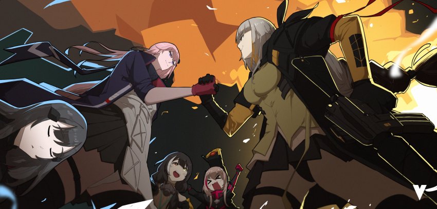 5girls anti-rain_(girls&#039;_frontline) black_gloves black_jacket black_skirt brown_hair cheering explosion from_below girls&#039;_frontline gloves grey_hair handshake heterochromia highres jacket long_hair long_sleeves m16 m16a1 m16a1_(boss)_(girls&#039;_frontline) m16a1_(girls&#039;_frontline) m4_sopmod_ii_(girls&#039;_frontline) m4a1_(girls&#039;_frontline) meme multiple_girls panties pink_hair ro635_(girls&#039;_frontline) shirt short_sleeves skirt sleeping smile st_ar-15_(girls&#039;_frontline) the_one_piece_is_real_(meme) thighs underwear variasii white_panties yellow_shirt