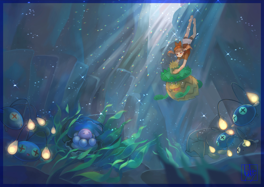 1girl air_bubble bandana barefoot bike_shorts blue_border border brown_hair brown_shirt bubble chinchou clamperl closed_mouth commentary gen_2_pokemon gen_3_pokemon glowing highres holding kikuyoshi_(tracco) light_beam looking_down ludicolo may_(pokemon) nintendo pokemon pokemon_(creature) pokemon_rse relicanth seaweed shirt short_sleeves skirt sparkle underwater white_skirt