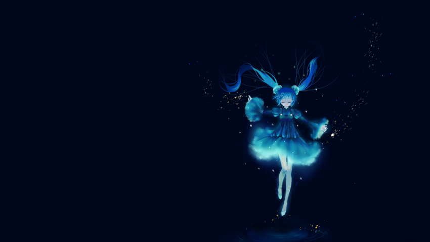 1girl blue_hair blue_theme dark dress dutch_angle closed_eyes female_focus floating glowing hatsune_miku long_hair nature night outdoors outstretched_arms plant sky solo spread_arms twintails vocaloid water yukino_neko