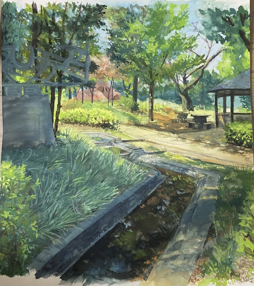 day gazebo highres hkwryyy_pepe no_humans original outdoors painting_(medium) park plant scenery shadow stairs sunlight traditional_media tree
