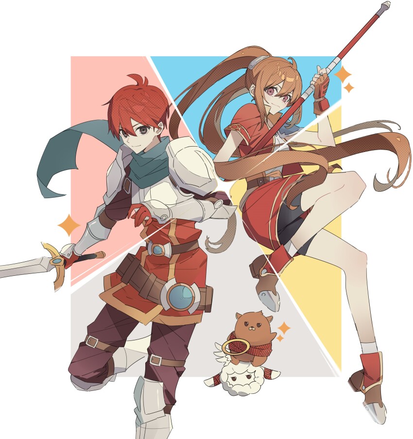 1boy 1girl absurdres adol_christin ahoge arm_guards armor bike_shorts breastplate brown_eyes brown_gloves cropped_jacket double-parted_bangs eiyuu_densetsu estelle_bright fingerless_gloves floating_hair george_man gloves hair_between_eyes highres holding holding_staff holding_sword holding_weapon long_hair looking_at_viewer pauldrons red_gloves sabaton shoes short_hair short_sleeves shoulder_armor sidelocks single_pauldron skirt smile sneakers sora_no_kiseki staff sword twintails weapon ys ys_vs._sora_no_kiseki:_alternative_saga