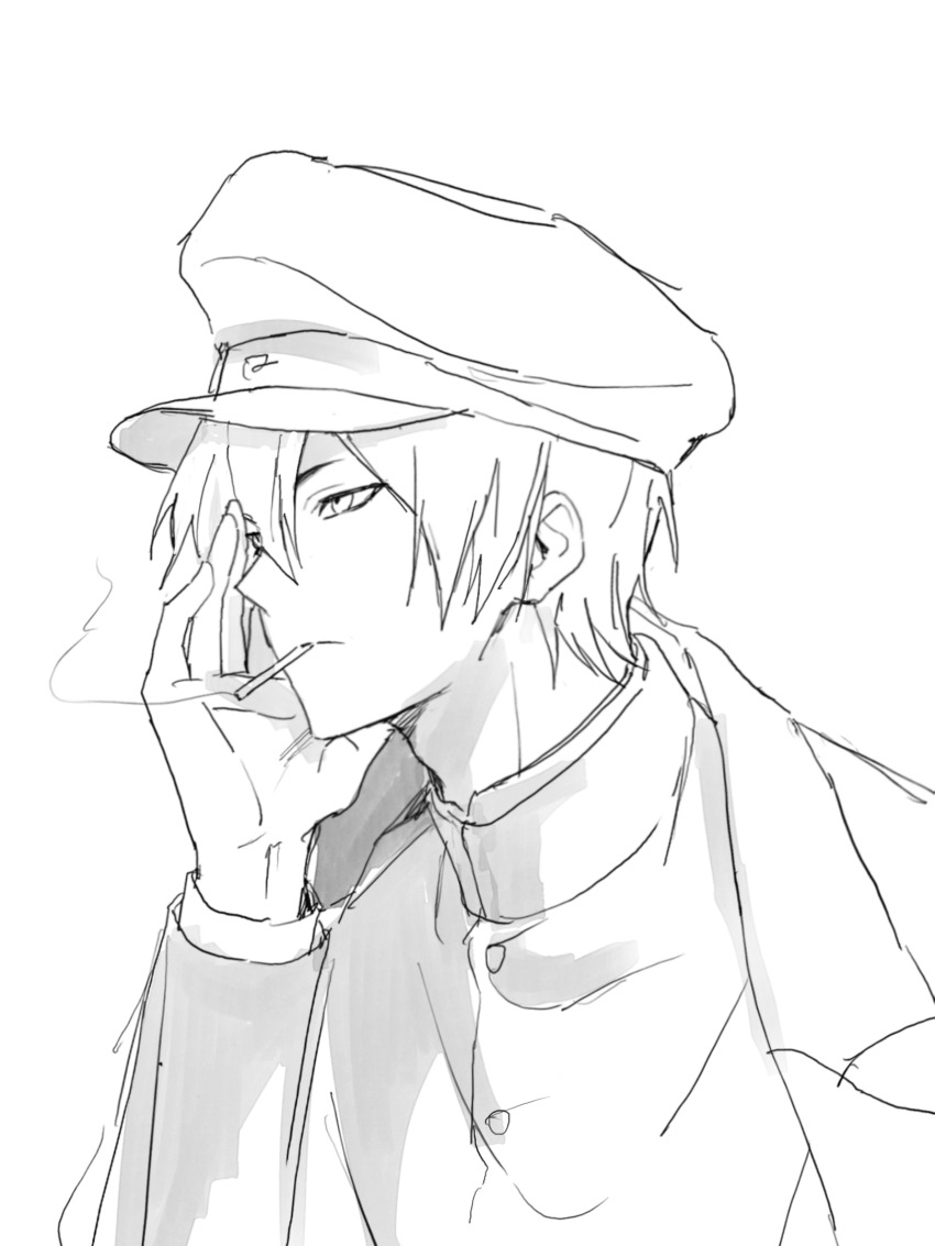 1boy buttons cigarette closed_mouth coat coat_on_shoulders gakuran greyscale gum_sfr_03 hand_on_own_face hat highres kawase_(koshotengai_no_hashihime) korean_commentary koshotengai_no_hashihime long_sleeves looking_ahead male_focus monochrome peaked_cap school_uniform short_hair simple_background smoke smoking solo upper_body