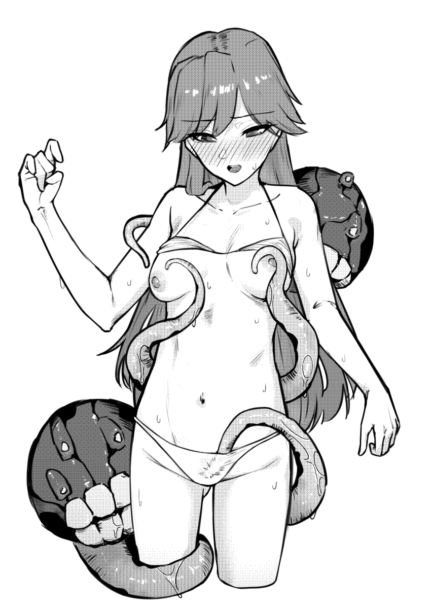 1girl arashio_(kancolle) bikini bikini_top_lift blush breasts clothes_lift commentary_request consensual_tentacles cropped_legs enemy_naval_mine_(kancolle) greyscale hand_up highres kantai_collection kirchoff long_hair looking_down medium_breasts monochrome navel nipples open_mouth sagging_breasts simple_background standing string_bikini sweat swimsuit tentacles tentacles_under_clothes white_background