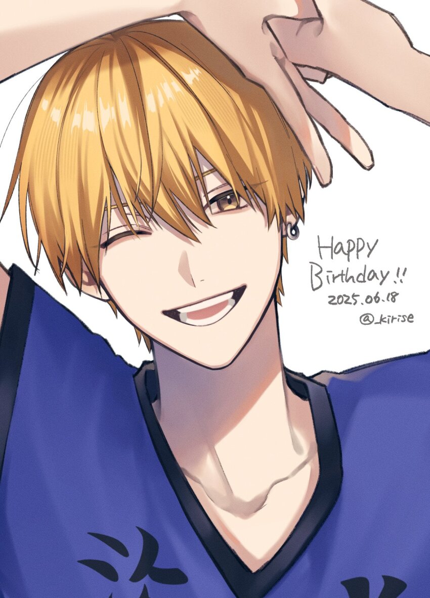 1boy arms_up basketball_jersey blonde_hair blue_shirt collarbone commentary_request dated earrings happy_birthday highres jewelry kiri_se kise_ryouta kuroko_no_basuke male_focus one_eye_closed open_mouth piercing shirt single_earring smile solo teeth twitter_username upper_body v-neck white_background