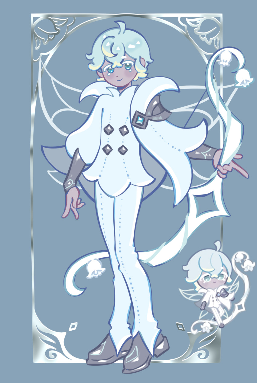 1boy blue_eyes blue_hair border coat cookie_run cookie_run:_kingdom ghostpotion_art grey_hair highres humanization looking_at_viewer male_focus official_art_inset pants shirt short_hair silverbell_cookie simple_background white_border wings