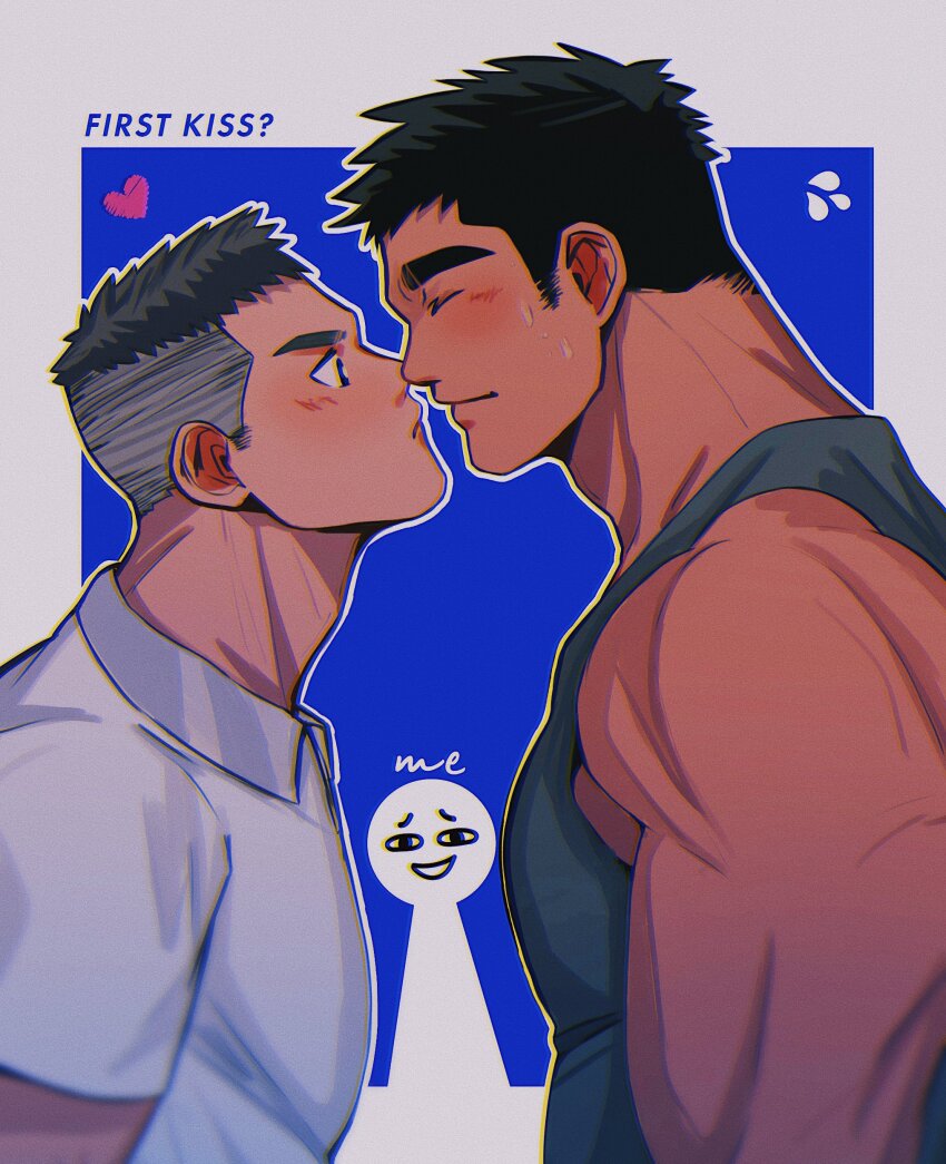 3boys absurdres artist_self-insert bara black_tank_top blush closed_eyes collared_shirt dark-skinned_male dark_skin from_side heart highres imminent_kiss long_sideburns looking_at_another louis_tjxx male_focus multiple_boys muscular muscular_male nervous_sweating noses_touching original pectorals shirt short_hair shy sideburns sidepec sweat tank_top thick_eyebrows undercut upper_body v-shaped_eyebrows yaoi