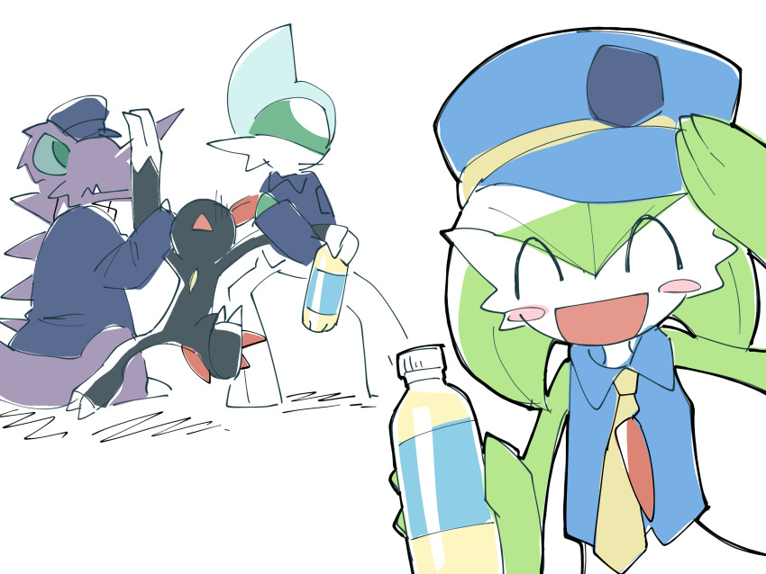 black_fur blue_hat bob_cut bottle clothed_pokemon colored_skin commentary gallade game_freak gardevoir gen_1_pokemon gen_2_pokemon gen_3_pokemon gen_4_pokemon green_hair green_skin hat highres hime_takeo holding holding_bottle horns multicolored_skin necktie nidoking nintendo open_mouth pokemon pokemon_(creature) purple_skin simple_background single_horn smile sneasel two-tone_skin white_background white_skin yellow_necktie