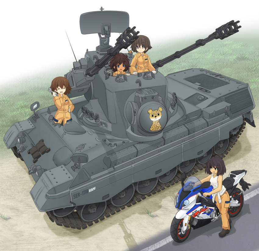 10s 4girls anti-aircraft anti-aircraft_gun autocannon black_footwear blue_eyes brown_eyes brown_hair cannon closed_eyes clothes_pull commentary_request dark-skinned_female dark_skin day emblem fading flakpanzer_gepard flugabwehrkanonenpanzer_gepard freckles girls_und_panzer gloves grass green_eyes hand_on_own_hip highres holding hoshino_(girls_und_panzer) jumpsuit leopon_(animal) long_sleeves looking_at_another mechanic mikeran_(mikelan) military military_vehicle motor_vehicle motorcycle multiple_girls nakajima_(girls_und_panzer) oerlikon_gdf oerlikon_gdf_35_mm_twin_cannon open_mouth orange_jumpsuit outdoors partial_commentary road self-propelled_anti-aircraft-gun self-propelled_anti-aircraft_weapon self-propelled_gun shadow shirt shirt_pull shoes short_hair smile sport_bike standing suzuki_(girls_und_panzer) tank tank_top tied_shirt tsuchiya_(girls_und_panzer) turret uniform vehicle_request white_gloves white_shirt