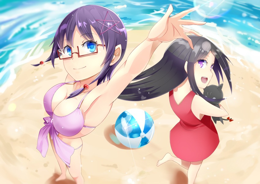 2girls absurdres bare_shoulders bikini black_hair blue_eyes blush bra breasts cleavage corpse_party dress glasses hair_ornament highres large_breasts long_hair looking_at_viewer looking_back multiple_girls open_mouth purple_eyes purple_hair saenoki_naho shinozaki_sachiko shirowa short_hair smile stuffed_animal stuffed_toy swimsuit underwear