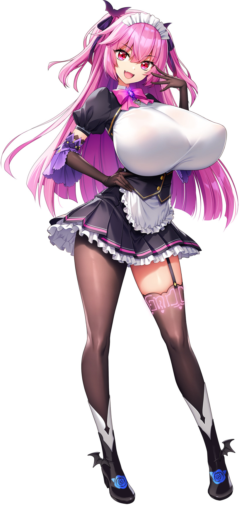 1girl absurdres akagi_rio apron bat_hair_ornament black_gloves black_pantyhose black_thighhighs bow bowtie breasts chuunibyou collar_jewel elbow_gloves fang femme_de_menage_maid_academy_uniform flower footwear_flower frilled_apron frills full_body game_cg garter_straps gem gloves hair_ornament hair_ribbon hand_on_own_hip hand_to_own_mouth heart heart_in_eye high_heels highres huge_breasts lixual_hellmare long_hair look-alike looking_at_viewer maid maid_apron maid_headdress milk_factory motto!_haramase!_honoo_no_oppai_isekai_oppai_maid_gakuen! non-web_source official_art ojou-sama_pose open_mouth pantyhose pink_bow pink_bowtie pink_hair puffy_short_sleeves puffy_sleeves purple_brooch purple_gemstone red_eyes ribbon short_sleeves sidelocks single_garter_strap single_leg_pantyhose single_thighhigh smile solo sprite standing symbol_in_eye tachi-e thighhighs transparent_background two_side_up waist_apron