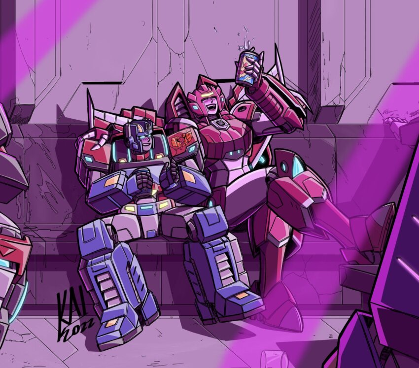 alcohol armor blush can dance_floor drunk elita_one energon kairito10 mecha mecha_focus optimus_prime orion_pax pink_armor robot size_difference tall_female transformers