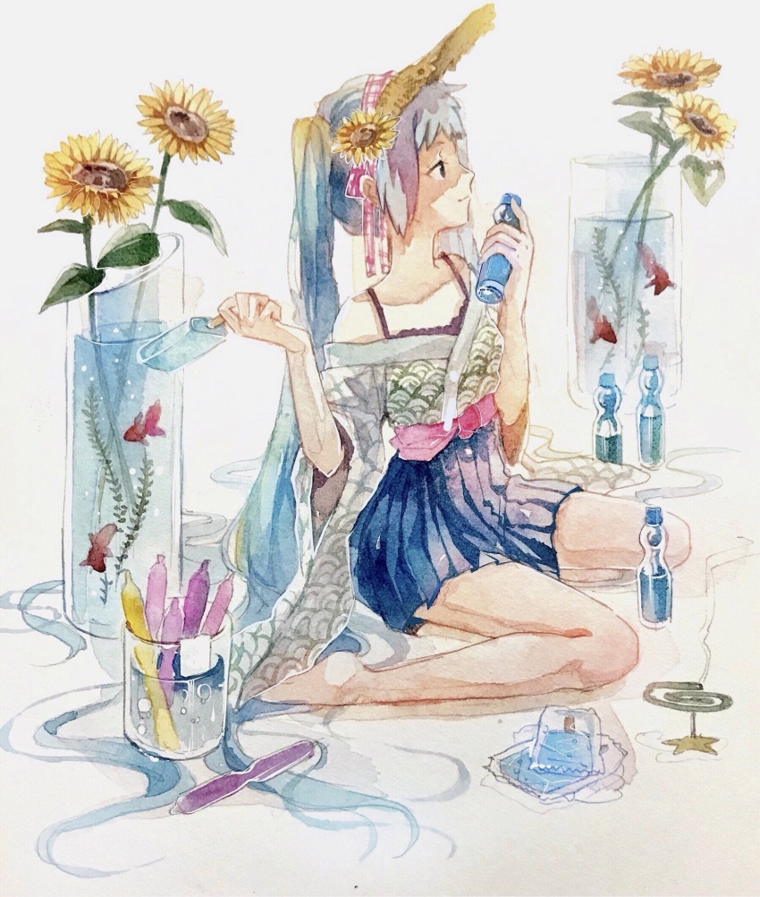 1girl aqua_eyes aqua_hair bare_shoulders barefoot belt belt_bow blue_skirt bottle bra bra_peek bra_strap commentary_request fish fish_tank flower food goldfish hair_flower hair_ornament hands_up hatsune_miku highres holding holding_bottle holding_food holding_ice_cream ice_cream light_smile long_hair looking_ahead miniskirt mosquito_coil off-shoulder_shirt off_shoulder painting_(medium) pink_belt pleated_skirt seigaiha shirt sidelocks sitting skirt solo srnmomo sunflower sunflower_hair_ornament traditional_media twintails underwear vase very_long_hair visor_cap vocaloid wariza watercolor_(medium) white_background