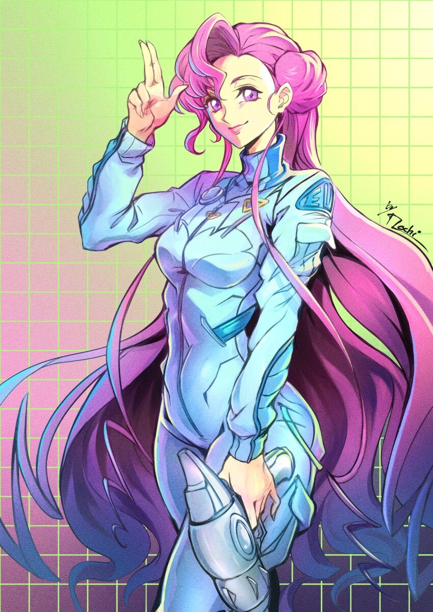 1girl artist_name blue_bodysuit bodysuit breasts closed_mouth code_geass cowboy_shot double_bun euphemia_li_britannia gradient_background grid_background gun hair_bun highres holding holding_gun holding_weapon long_hair long_sleeves medium_breasts military_uniform mochi_mangaka pink_eyes pink_hair salute smile solo turtleneck wavy_hair weapon