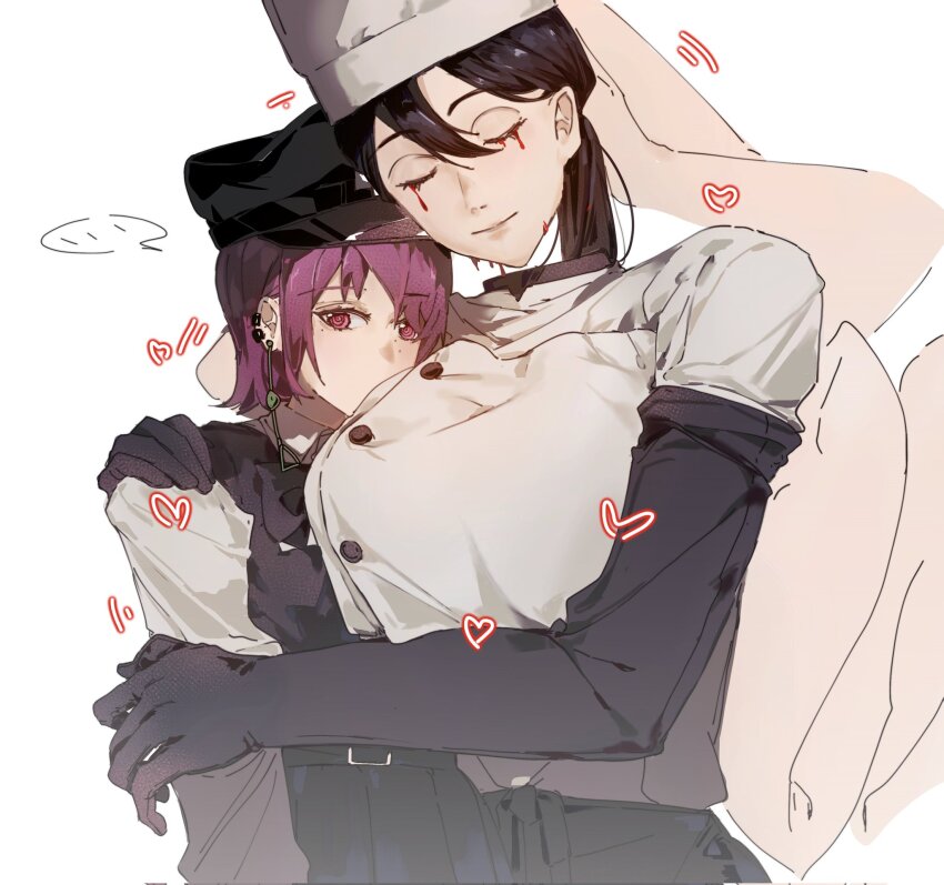 age_difference apron arthropod_limbs black_gloves black_hair blood blood_drip blood_from_mouth bloody_tears breasts chainsaw_man chef chef_hat closed_eyes couple disembodied_head dress ear_piercing earrings elbow_gloves extra_arms falling_devil_(chainsaw_man) fami_(chainsaw_man) flat_top_chef_hat fourth_east_high_school_uniform gloves hat highres holding_detached_head jewelry long_arms mole mole_under_eye multiple_moles piercing pinafore_dress ringed_eyes school_uniform severed_head short_hair sleeveless sleeveless_dress tassel tassel_earrings triangle_earrings waist_apron yijiao_wuran yuri