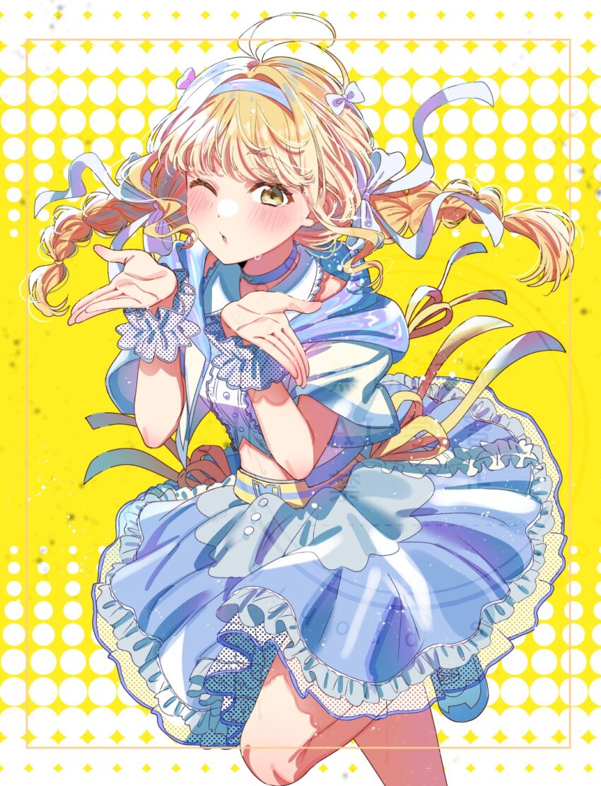 1girl belt blonde_hair blue_choker blue_skirt blush bow braid breasts choker dot_nose floating_hair frilled_shirt frilled_skirt frills fujita_kotone gakuen_idolmaster hair_bow hair_ribbon hands_up highres hirayama_kanna idolmaster jacket layered_skirt long_hair looking_at_viewer midriff one_eye_closed open_clothes open_jacket palms parted_lips patterned_background polka_dot polka_dot_scrunchie polka_dot_skirt ribbon scrunchie see-through_clothes see-through_skirt sekaiichi_kawaii_watashi_(idolmaster) shirt shoes short_sleeves simple_background skirt sneakers solo standing standing_on_one_leg sweatdrop twin_braids two-tone_belt white_bow white_jacket white_ribbon white_shirt white_shoes wrist_scrunchie yellow_background yellow_belt yellow_eyes yellow_ribbon