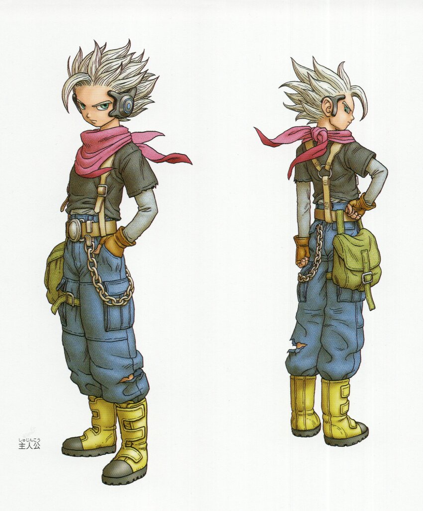 1boy absurdres ankle_boots arm_at_side bag baggy_pants belt belt_buckle wallet_chain black_shirt blue_eyes boots brown_belt brown_gloves buckle chain character_request clenched_hands closed_mouth commentary dragon_quest dragon_quest_monsters dragon_quest_monsters_joker_3 fingerless_gloves fingernails from_behind full_body gloves green_bag grey_sleeves hand_in_pocket hand_on_own_hip headset highres layered_sleeves long_sleeves looking_back male_focus neckerchief official_art pants pink_neckerchief platform_boots platform_footwear profile reference_sheet serious shirt shirt_tucked_in short_over_long_sleeves short_sleeves sideways_glance simple_background single_bang spiked_hair standing suspenders toriyama_akira torn_clothes torn_pants velcro_footwear white_background white_hair yellow_boots
