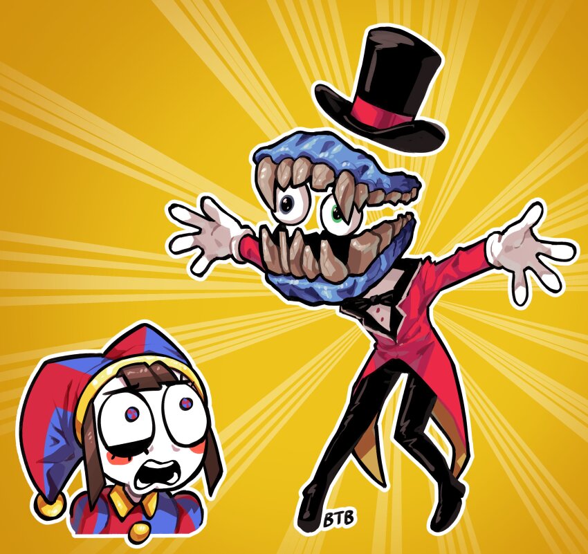 1boy 1girl absurdres balancetheball black_bow black_bowtie blue_eyes bow bowtie caine_(the_amazing_digital_circus) coat commentary dentures detached_eyes english_commentary eye_twitch frown gloves green_eyes hat highres jester_cap jester_costume open_mouth outstretched_arms pomni_(the_amazing_digital_circus) red_coat red_eyes signature spongebob_squarepants_(series) striped_clothes striped_headwear the_amazing_digital_circus top_hat traditional_bowtie vertical-striped_clothes vertical-striped_headwear white_gloves