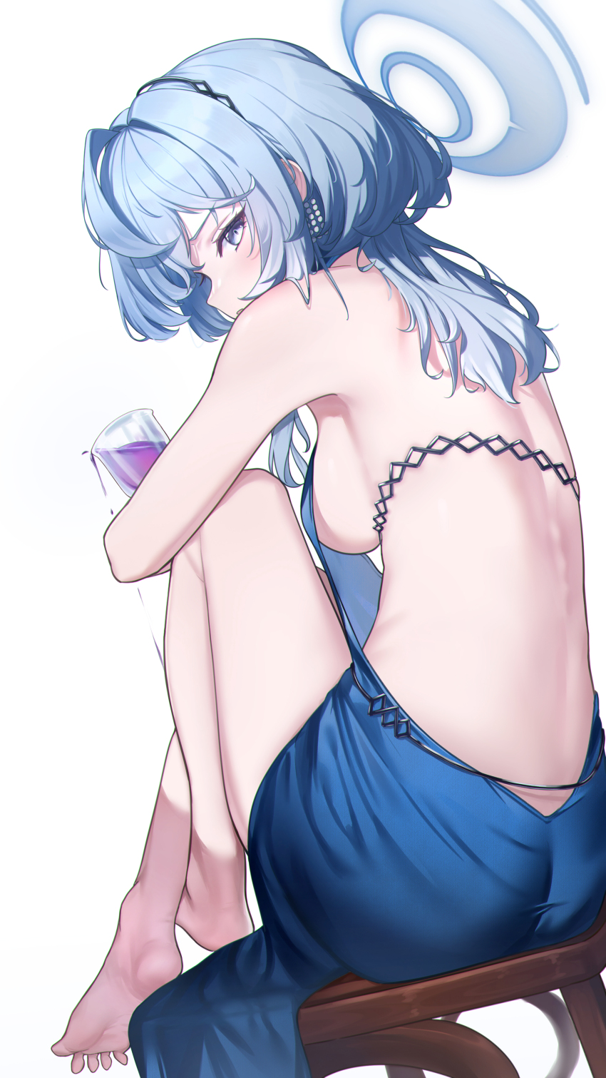 1girl absurdres ako_(blue_archive) ako_(dress)_(blue_archive) ass backless_dress backless_outfit barefoot blue_archive blue_dress blue_hair blue_halo breasts dress evening_gown halo highres kamory official_alternate_costume sideless_dress sideless_outfit sleeveless sleeveless_dress solo
