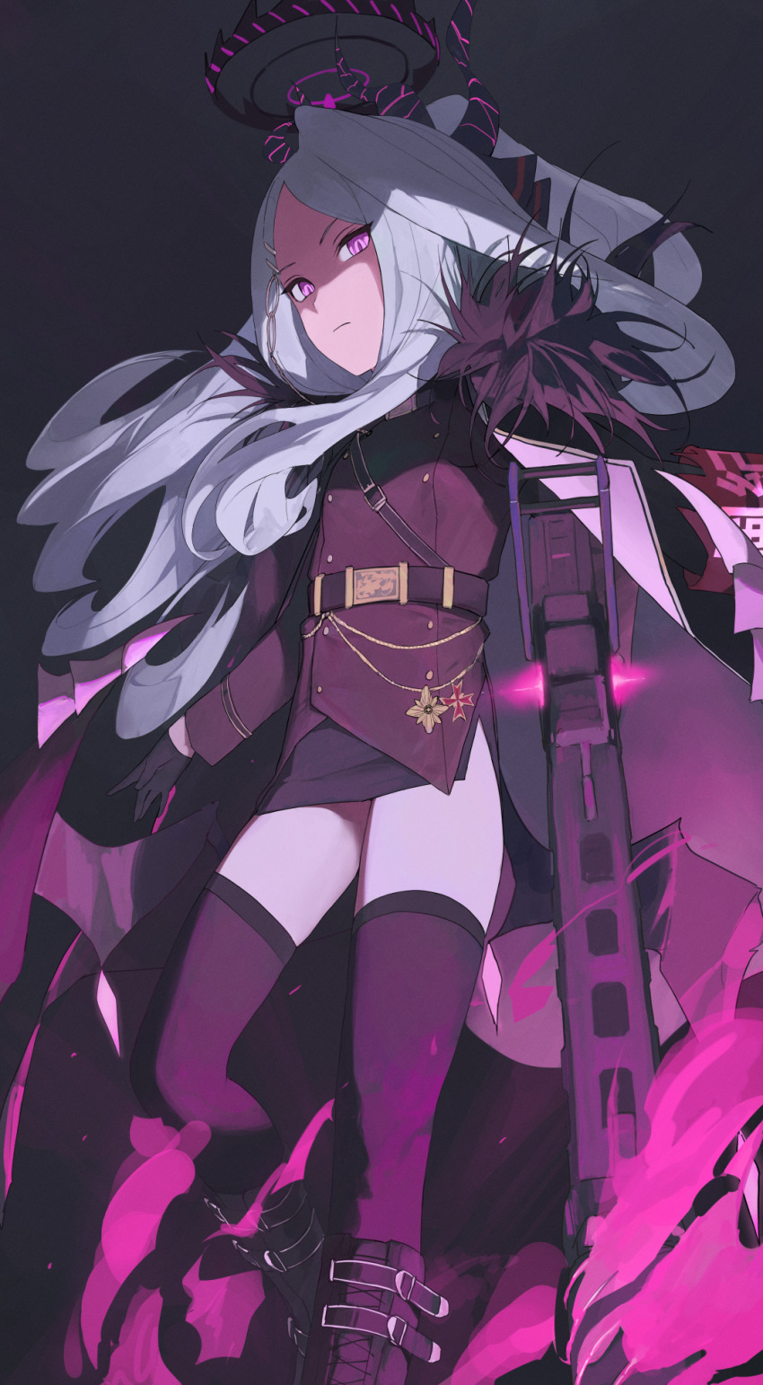 024th 1girl ahoge belt black_background black_coat black_skirt black_thighhighs blue_archive boots coat coat_on_shoulders commentary_request demon_girl demon_horns demon_wings fur-trimmed_coat fur_trim gun hair_ornament hairclip halo highres hina_(blue_archive) holding holding_gun holding_weapon horns knee_boots long_hair long_sleeves looking_at_viewer machine_gun mg42 military military_uniform parted_bangs pencil_skirt ponytail purple_eyes shaded_face shoulder_belt side_slit sidelocks simple_background skirt solo standing standing_on_one_leg thighhighs weapon white_hair wings zettai_ryouiki
