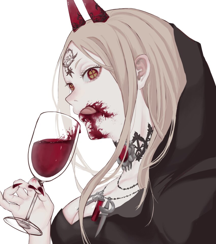 1girl absurdres bela_dimitrescu bela_dimitrescu_(cosplay) blonde_hair blood blood_on_face blood_vial breasts chainsaw_man cleavage cosplay cross-shaped_pupils cup drinking_glass facial_mark fingernails highres horns jewelry licking_lips long_hair looking_to_the_side medium_breasts necklace power_(chainsaw_man) red_eyes red_horns red_nails resident_evil resident_evil_village sharp_fingernails simple_background solo symbol-shaped_pupils tongue tongue_out white_background wine_glass yuuwaku06