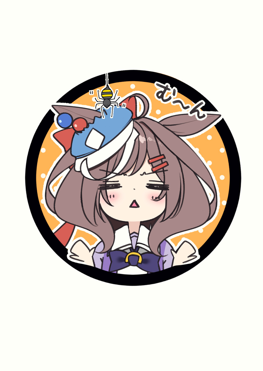 1girl =_= absurdres animal_ears blue_hat blush bow brown_hair bug newsboy_cap chibi commentary_request ear_ornament ears_down ears_through_headwear hair_ornament hairclip hat highres horse_ears horse_girl long_hair matikane_tannhauser_(umamusume) multicolored_hair open_mouth orange_background ponta_(1859ysmssstsp) puffy_short_sleeves puffy_sleeves purple_bow school_uniform short_sleeves simple_background solo spider streaked_hair summer_uniform tracen_school_uniform triangle_mouth two-tone_background umamusume white_background white_hair