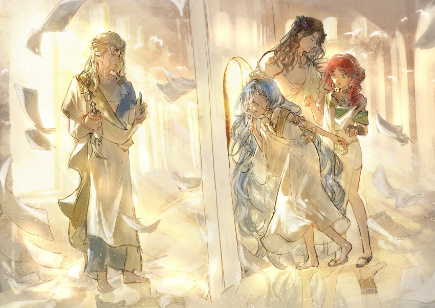 210_(reverse:1999) 2boys 2girls 37_(reverse:1999) 6_(reverse:1999) :o absurdres ancient_greek_clothes barefoot blue_eyes blue_hair brown_hair circlet closed_eyes flying_paper food-themed_hair_ornament grape_hair_ornament greco-roman_clothes green_eyes hair_bun hair_ornament hand_up highres himation holding holding_scroll index_finger_raised indoors long_hair looking_at_another mangxia_xiang_chi_mangguo multiple_boys multiple_girls open_mouth paper profile red_hair reverse:1999 scroll sidelighting single_side_bun sophia_(reverse:1999) standing sunlight toga very_long_hair