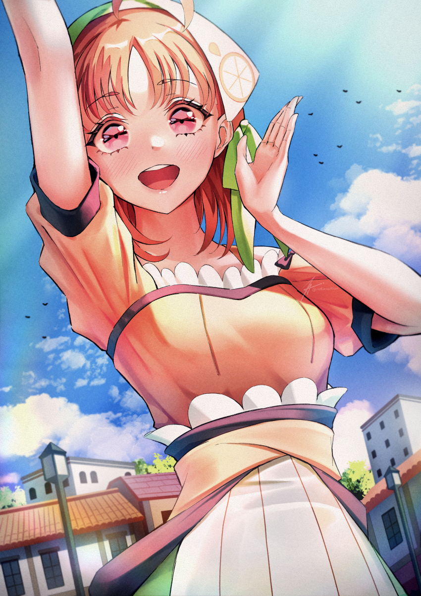 1girl absurdres ahoge arm_up bird birthday blue_sky blush breasts building chika_(genjitsu_no_yohane) cloud cloudy_sky commentary genjitsu_no_yohane highres lamppost love_live! love_live!_sunshine!! medium_breasts notinversion orange_hair red_eyes short_hair short_sleeves sky takami_chika upper_body