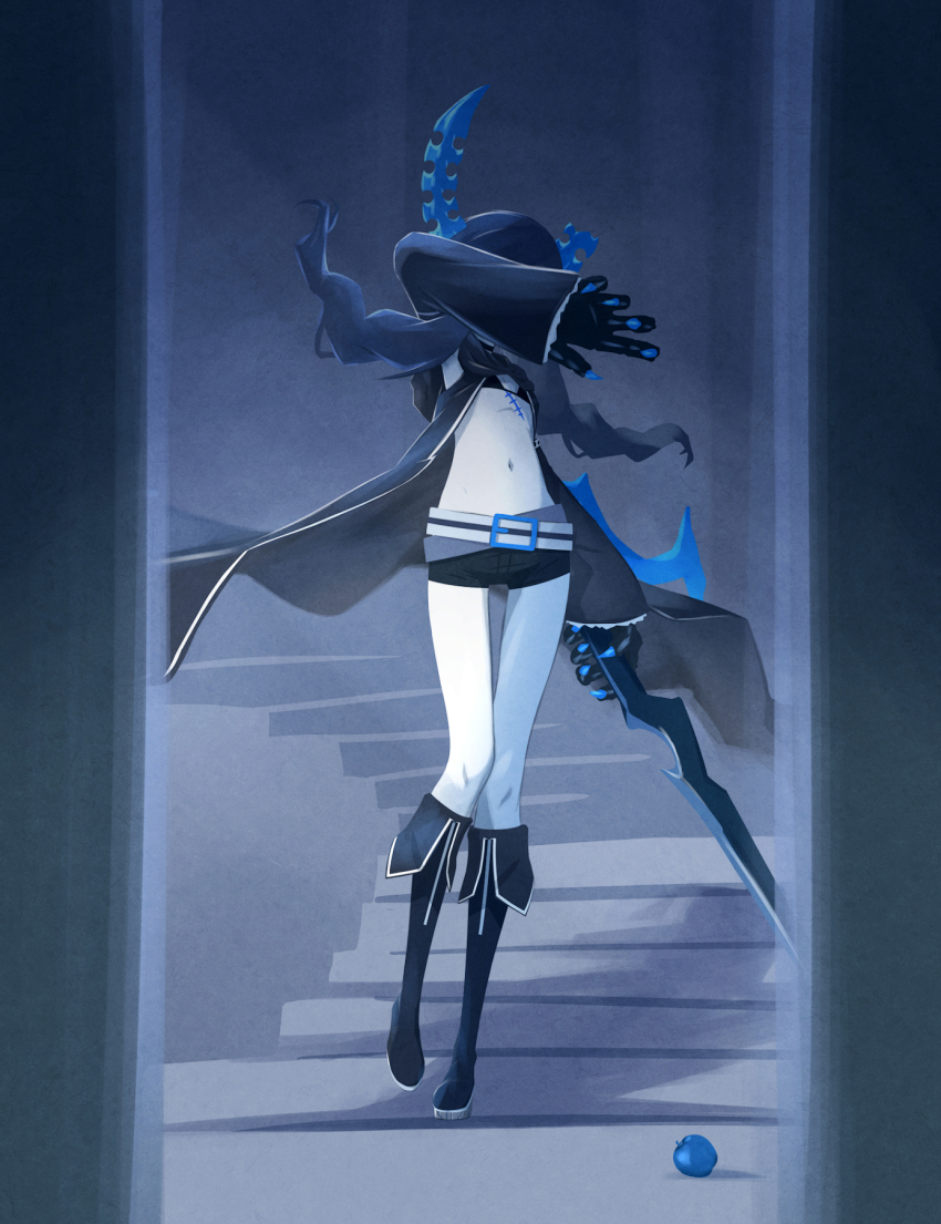1girl 32zzz apple arm_over_head asymmetrical_horns black_boots black_bra black_hair black_horns black_jacket black_rock_shooter black_rock_shooter_(character) black_rock_shooter_(character)_(cosplay) black_shorts boots bra claws cosplay covering_own_eyes dead_master flat_chest food fruit full_body highres holding holding_sword holding_weapon horns jacket long_hair open_clothes open_jacket pale_skin short_shorts shorts solo stitched_torso stitches sword underwear uneven_horns weapon