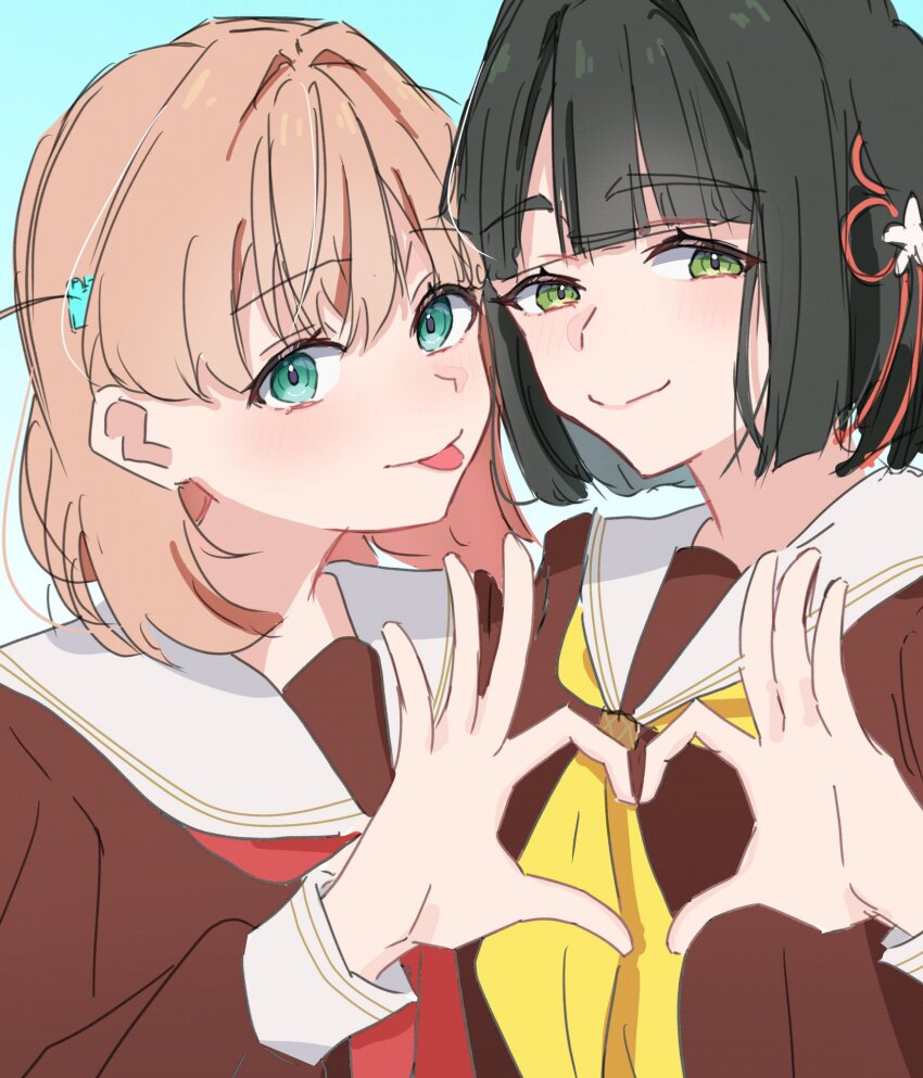 2girls :p aqua_eyes black_hair blue_background blunt_bangs blunt_ends blush bob_cut brown_dress cerise_bouquet closed_mouth commentary_request dress flower flower_knot four-finger_heart_hands green_eyes hair_flower hair_intakes hair_ornament hasu_no_sora_school_uniform heart heart_hands heart_hands_duo highres hinoshita_kaho link!_like!_love_live! long_hair long_sleeves looking_at_viewer love_live! medium_hair momose_ginko multiple_girls neckerchief potu_sabu rabbit_hair_ornament red_neckerchief sailor_collar sailor_dress school_uniform short_hair sidelocks split_mouth tongue tongue_out two_side_up upper_body virtual_youtuber white_flower white_sailor_collar winter_uniform yellow_neckerchief