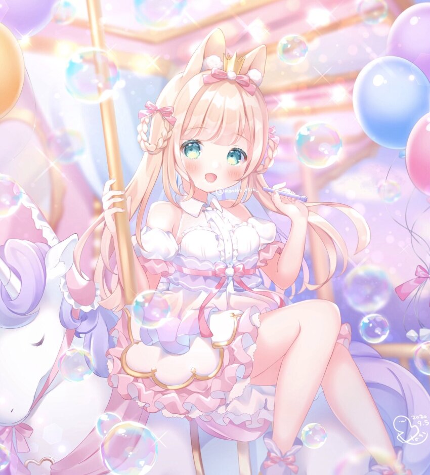 1girl :d animal_ears balloon bare_shoulders blonde_hair blush boots bow braid braided_hair_rings breasts bubble bubble_pipe carousel commentary_request crown dated glint gold_crown green_eyes hair_bow hair_rings highres holding holding_pole long_hair looking_at_viewer mini_crown off-shoulder_shirt off_shoulder omochi_monaka open_mouth original pink_bow pink_skirt pole puffy_short_sleeves puffy_sleeves purple_boots rabbit_ears riding shirt short_sleeves signature skirt smile solo twintails twitter_username white_shirt yume_kawaii