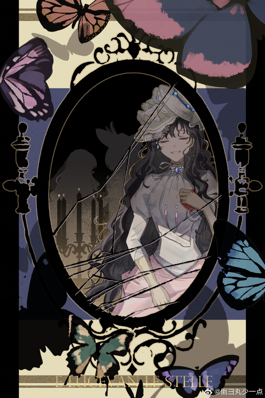 1girl absurdres black_hair blue_butterfly broken_mirror bug butterfly closed_eyes daojiwan_shao_yi_dian dress facing_viewer gloves green_butterfly grin hand_up hat highres insect isolde_(reverse:1999) italian_text juliet_sleeves long_hair long_sleeves mirror oval_image pink_butterfly puffy_sleeves purple_butterfly reverse:1999 smile solo straight-on too_many too_many_butterflies upper_body veil very_long_hair watermark weibo_watermark white_dress white_hat white_veil yellow_gloves