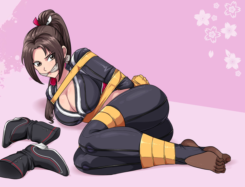 1girl absurdres bdsm black_pants bondage boots bound breasts brown_eyes brown_hair cleave_gag cloth_gag commentary crop_top english_commentary gag gagged high_ponytail highres improvised_gag lost_one_zero lying official_alternate_costume pants pantyhose pink_background ponytail revealing_clothes shiranui_mai solo street_fighter street_fighter_6 tape tape_bondage