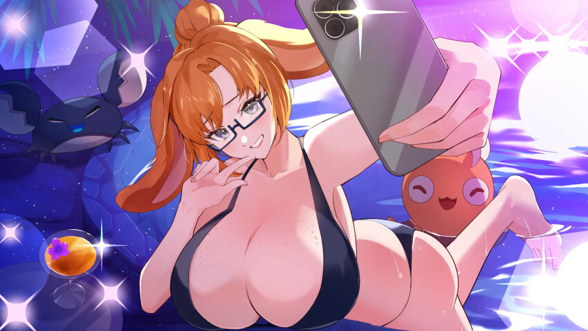 1girl adora_bunny animal animal_ears artist_request blue_background blush breasts cellphone closed_eyes crab cup drinking_glass feet freckles glass gradient_background grey_eyes highres huge_breasts indie_virtual_youtuber octopus open_mouth orange_hair phone purple_background selfie smile solo star_(sky) swimsuit teeth virtual_youtuber water wet wine_glass