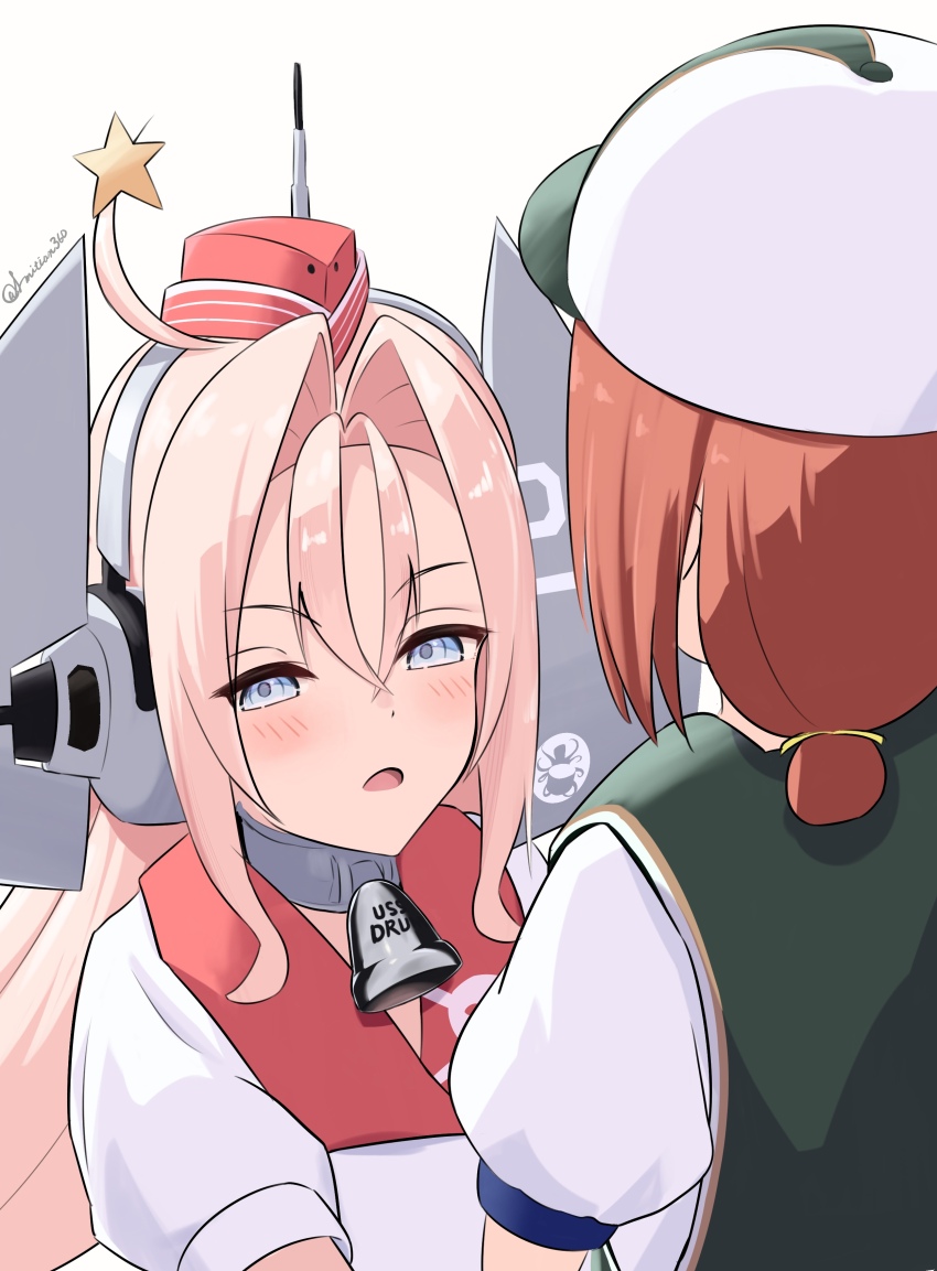 2girls absurdres baseball_cap bell coat collar commentary_request drum_(kancolle) garrison_cap grey_eyes grey_vest hair_ornament hat headgear highres kaiboukan_no._4_(kancolle) kaiboukan_no._4_(saury_festival)_(kancolle) kantai_collection l_meet long_hair metal_collar multiple_girls neck_bell pink_hair red_hair red_hat simple_background skull_print solo_focus star_(symbol) star_hair_ornament two-tone_hat upper_body very_long_hair vest white_background white_coat white_hat