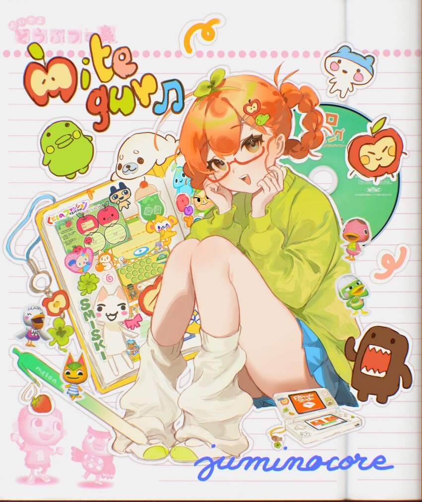 1girl :d absurdly_detailed_composition absurdres ahoge alfonso_(animal_crossing) animal_crossing apple_hair_ornament blathers_(animal_crossing) blue_skirt braid braided_hair_rings cameo cd chao_(sonic) character_hair_ornament charm_(object) clover commentary doko_demo_issho domo-kun english_commentary english_text flipnote_studio food-themed_hair_ornament four-leaf_clover freckles_(animal_crossing) glasses green_sweater hair_ornament hair_rings handheld_game_console heisei_retro highres inoue_toro kuchipatchi long_sleeves looking_at_viewer loose_socks mamegoma_(san-x) mametchi mii_(nintendo) miniskirt mite_gura neutral_chao nhk_(broadcaster) nintendo nintendo_dsi open_mouth orange_eyes orange_hair original pelly_(animal_crossing) pen phyllis_(animal_crossing) pleated_skirt puyo_(puyopuyo) puyopuyo san-x sanrio scoot_(animal_crossing) shirogoma shoes short_hair sitting skirt smile socks solo sonic_(series) sprout sprout_on_head stationery sticker sweater tamagotchi tamagotchi_(creature) tangy_(animal_crossing) tortimer_(animal_crossing) usahana villager_(animal_crossing) white_shoes white_socks