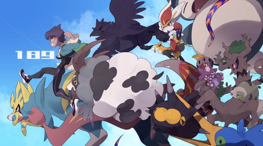 1boy absurdres bag black_pants black_shirt blue_jacket boltund cinderace clenched_hand commentary_request corviknight cramorant dark-skinned_male dark_skin dubwool duffel_bag fur-trimmed_jacket fur_trim gen_1_pokemon gen_5_pokemon gen_6_pokemon gen_8_pokemon green_bag grin heatmor highres hop_(pokemon) jacket legendary_pokemon male_focus mimura_(nnnnnnnnmoo) nintendo open_clothes open_jacket pants pincurchin pokemon pokemon_(creature) pokemon_swsh purple_hair shirt shoes short_hair silicobra smile snorlax teeth toxel trevenant yellow_eyes zacian zacian_(crowned)