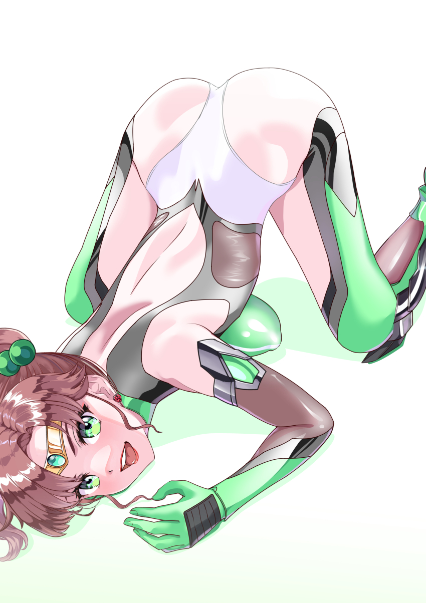 1girl absurdres arion_canvas ass bishoujo_senshi_sailor_moon bodysuit breasts brown_hair exercising gloves green_eyes highres kino_makoto large_breasts looking_at_viewer magical_girl ponytail sailor_jupiter skin_tight smile solo