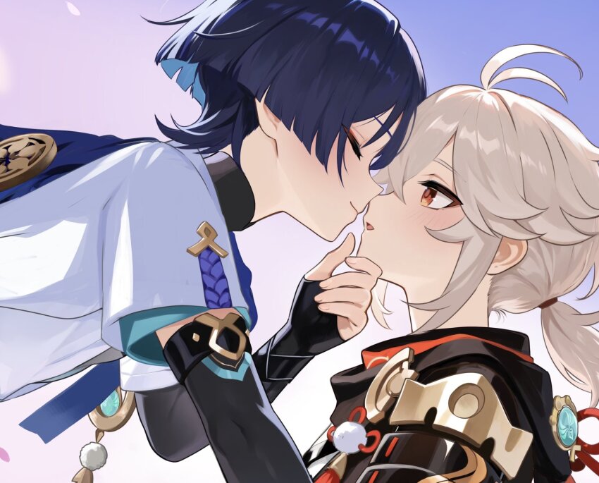 2boys armor black_gloves black_hair black_sleeves blunt_ends blush closed_eyes closed_mouth fingerless_gloves genshin_impact gloves hair_between_eyes hair_ornament highres imminent_kiss japanese_clothes kaedehara_kazuha low_ponytail male_focus multicolored_hair multiple_boys open_mouth ponytail red_eyes red_hair rrr_gns_(riuriu_1212) scaramouche_(genshin_impact) short_hair short_sleeves shoulder_armor streaked_hair vision_(genshin_impact) wanderer_(genshin_impact) white_hair yaoi