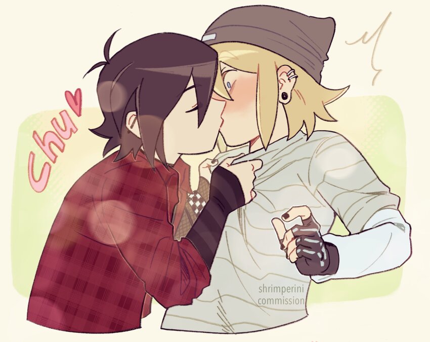 2boys alternate_universe antenna_hair artist_name asymmetrical_gloves bags_under_eyes basil_(faraway)_(omori) basil_(omori) beanie black_choker black_eyes black_gloves blonde_hair blue_eyes blush border choker closed_eyes collared_jacket collared_shirt commentary commission cropped_torso double-parted_bangs ear_piercing earrings elbow_gloves emori_(shrimperini) english_commentary english_text face-to-face facing_another fingerless_gloves fishnet_gloves fishnets gloves grey_hat grey_shirt hair_between_eyes hat highres jacket jewelry kiss layered_sleeves light_particles long_sleeves looking_at_another male_focus mismatched_gloves multiple_boys no_sclera nose_blush omori outside_border piercing plaid_clothes plaid_jacket profile pulling_another&#039;s_clothes red_jacket shirt short_hair short_over_long_sleeves short_sleeves shrimperini simple_background striped_clothes striped_gloves striped_shirt sunny_(omori) u_u watermark white_shirt wristband yaoi yellow_background yellow_border